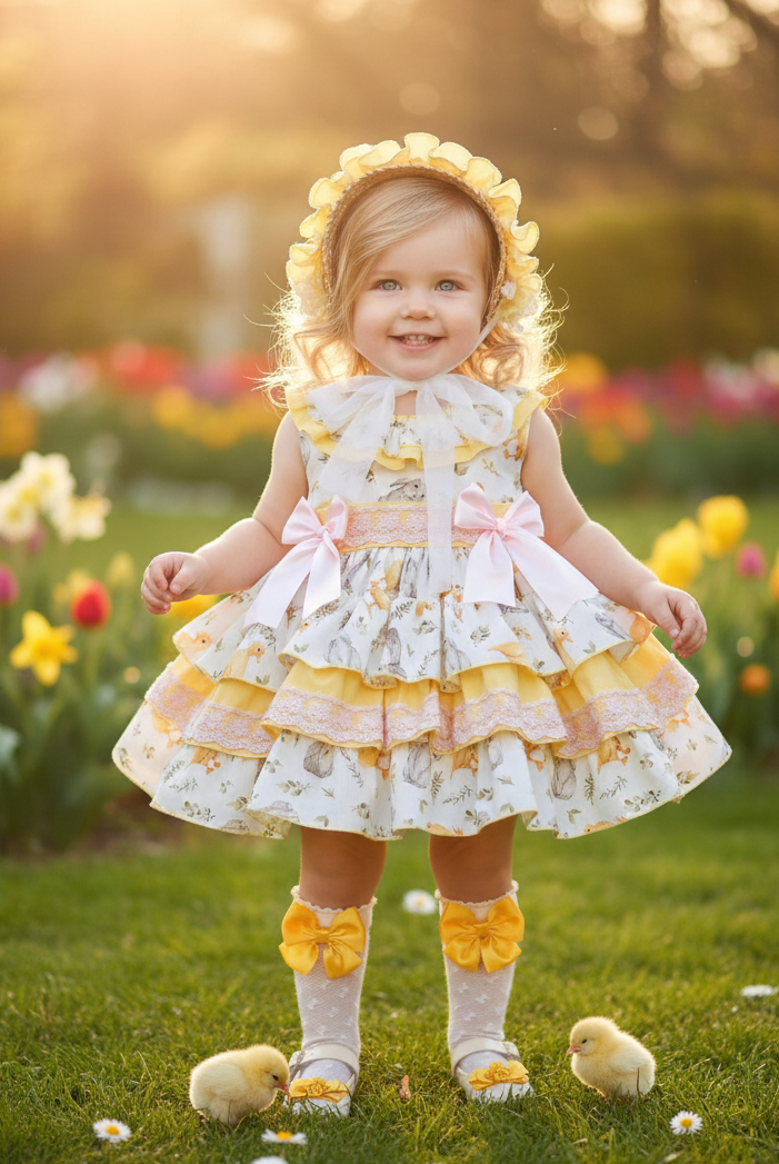 Sonata EASTER Made to Order - Girls Easter Print Cream, Pink & Yellow Puffball Dress