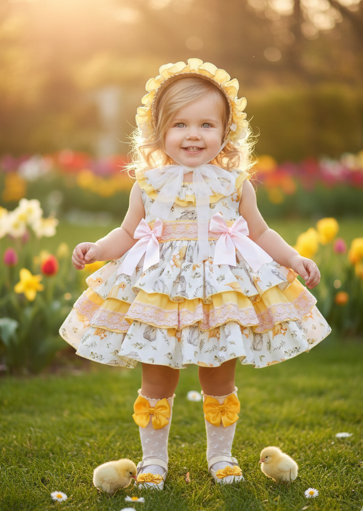 Sonata EASTER Made to Order - Girls Easter Print Cream, Pink & Yellow Puffball Dress