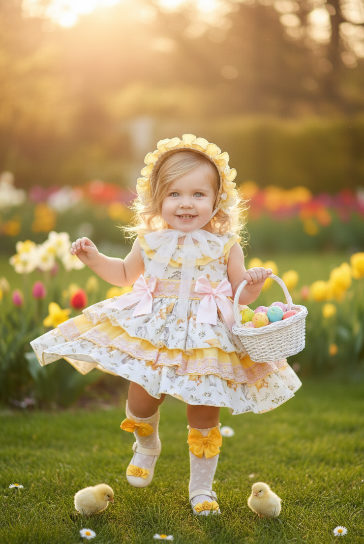 Sonata EASTER Made to Order - Girls Easter Print Cream, Pink & Yellow Puffball Dress