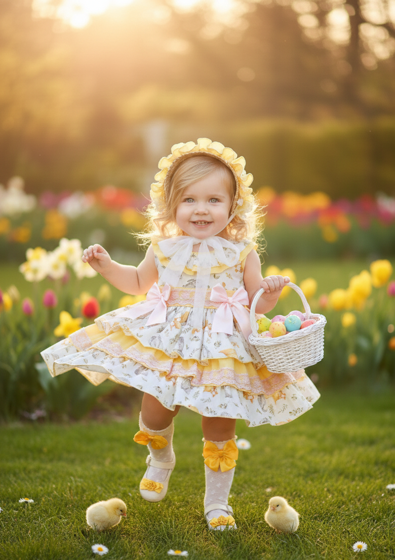 Sonata EASTER Made to Order - Girls Easter Print Cream, Pink & Yellow Puffball Dress