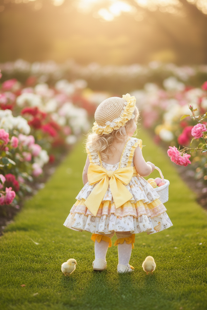 Sonata EASTER Made to Order - Girls Easter Print Cream, Pink & Yellow Puffball Dress