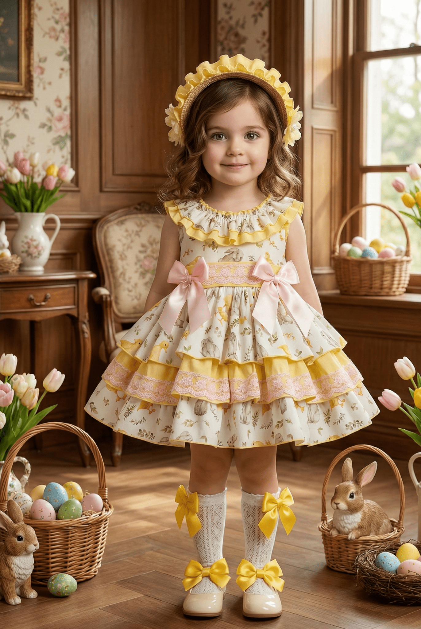 Sonata EASTER Made to Order - Girls Easter Print Cream, Pink & Yellow Puffball Dress