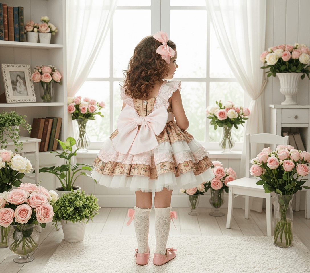 Sonata girls bunny print puffball dress with layered tulle skirt from the SS26 collection, made to order in Spain.