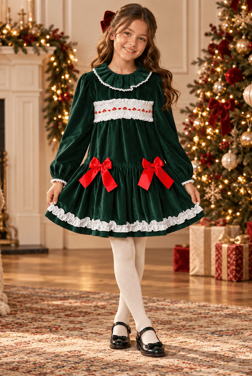 Sonata Girls Green Velvet Smocked Christmas Dress Age 10 | Clearance Sale