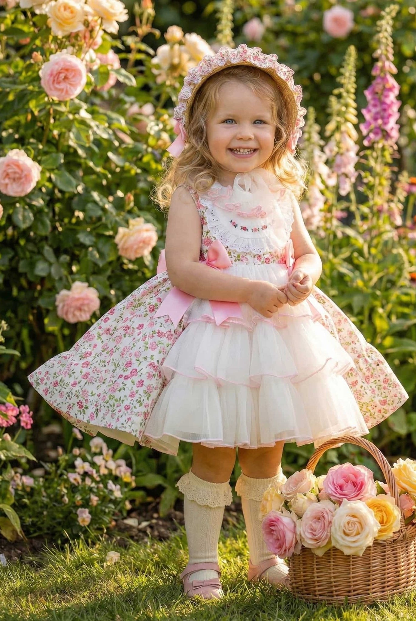 Young girl in a Sonata pink floral dress standing in a garden with flowers and a basket.
