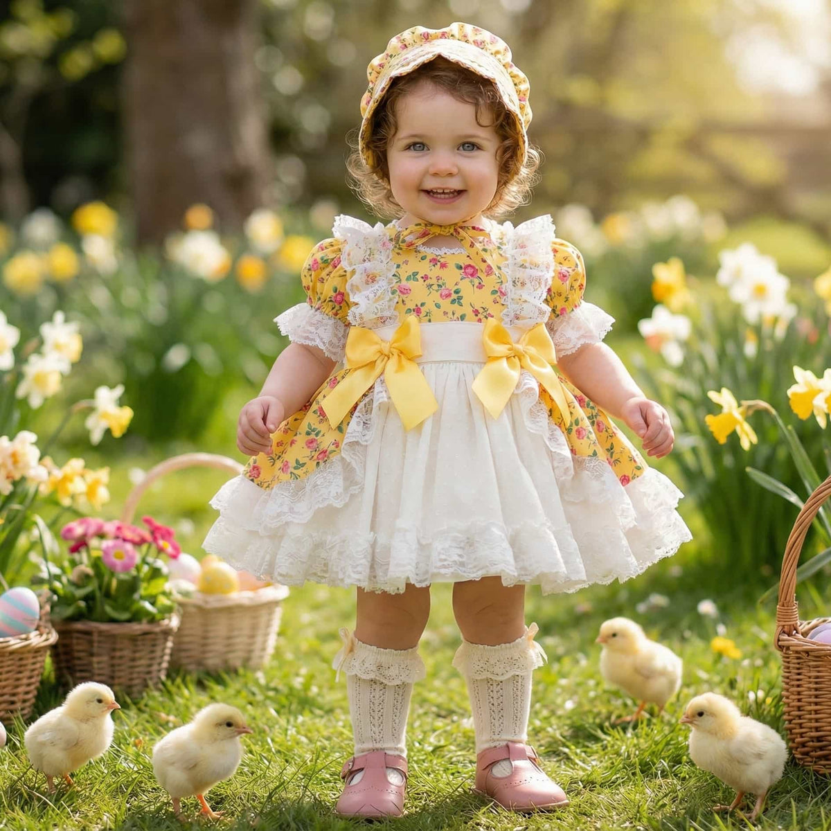Sonata Made to Order Girls Yellow Floral Print Puffball Dress