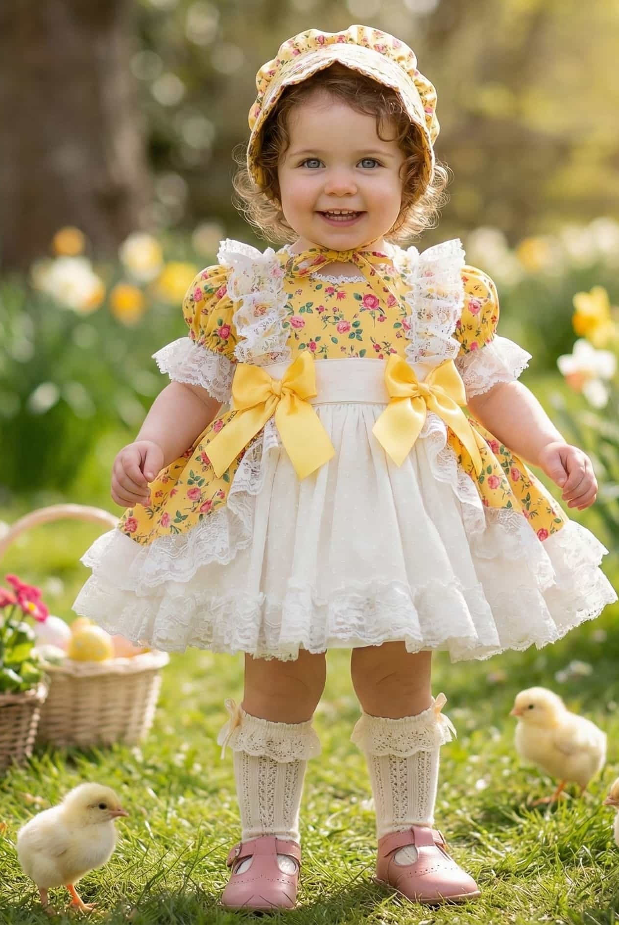 Child in a floral dress with yellow ribbons standing in a garden with flowers and chicks made in Spain by Sonata infantil.