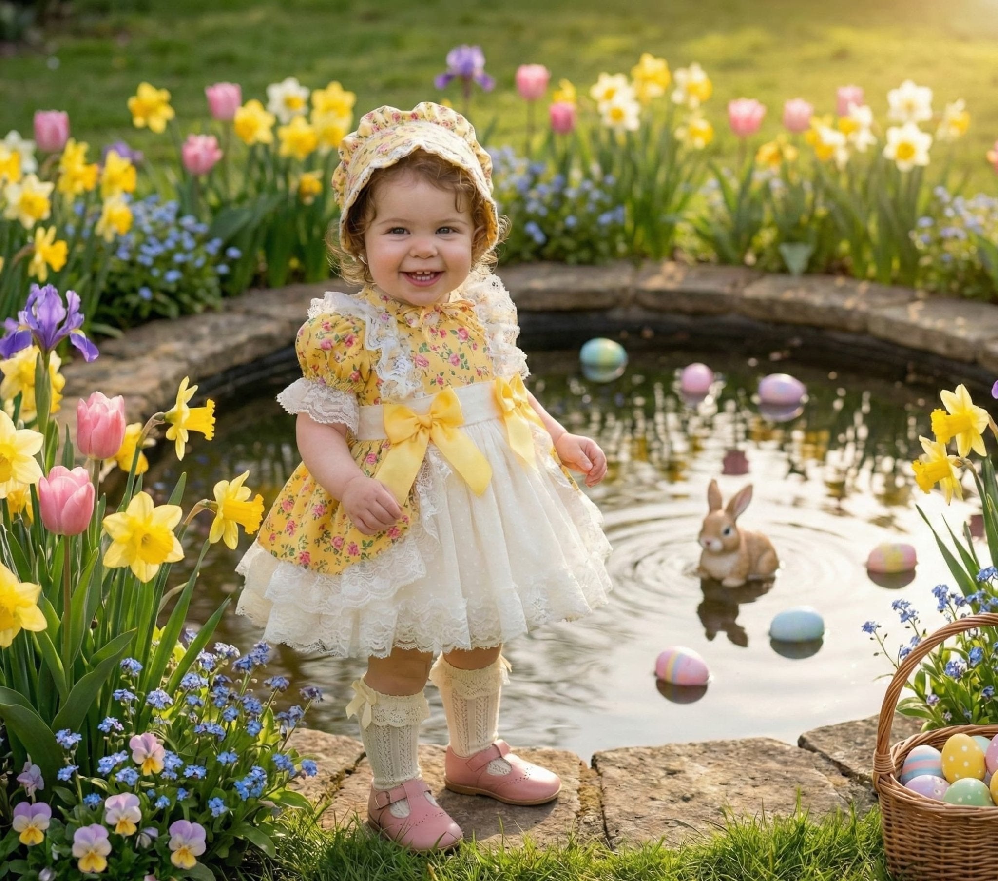 Child in a Sonata floral dress standing by a pond with flowers and a bunny rabbit toy.