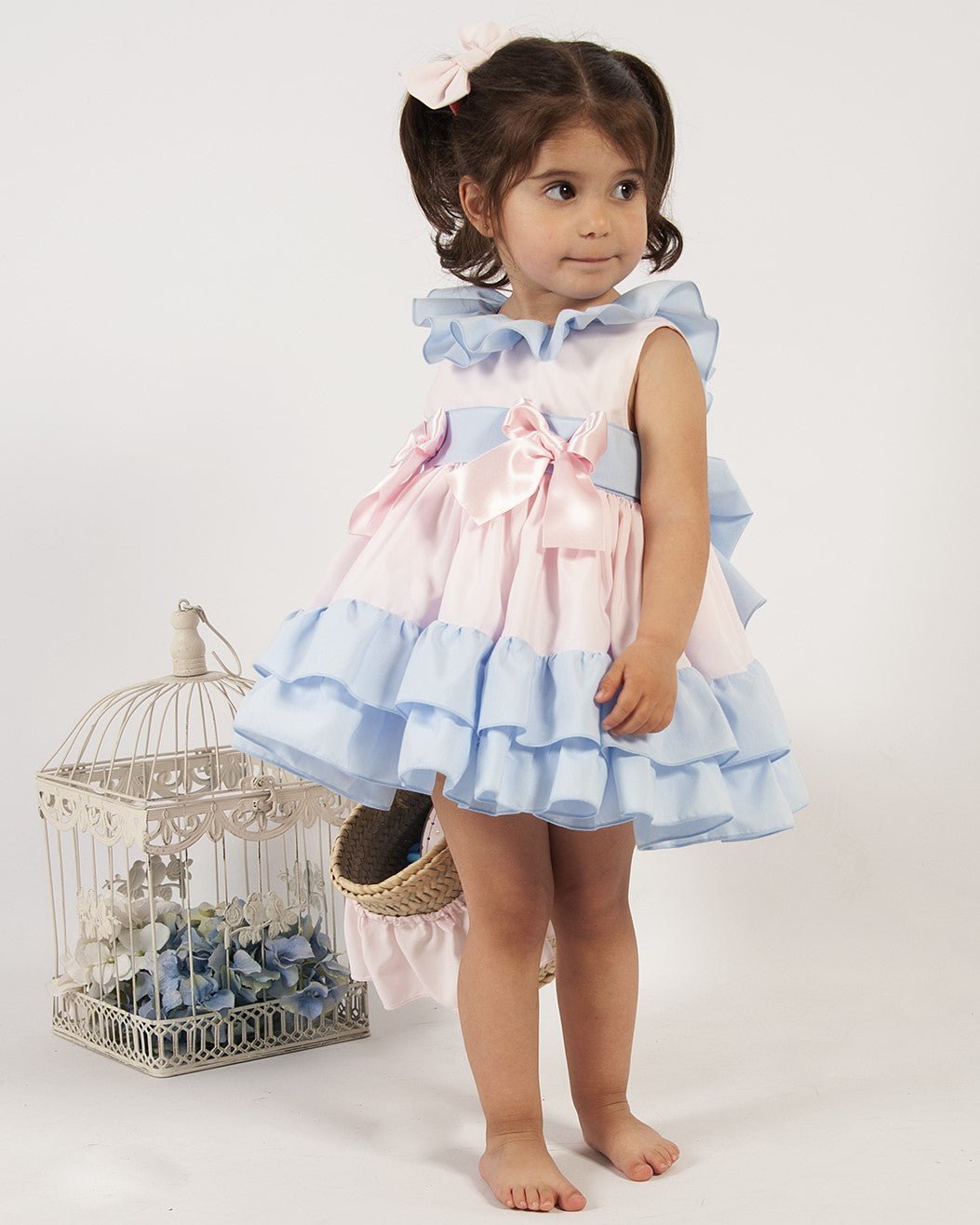 Sonata SS25 - Baby Girl's Blue & Pink Bow Dress - Mariposa Children's Boutique