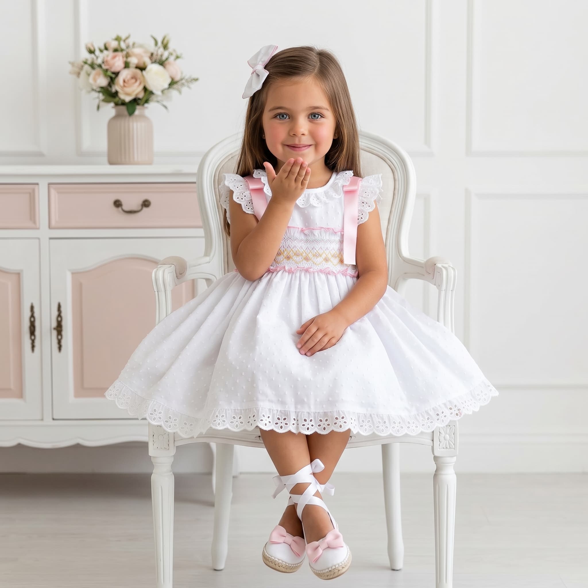 Girls White & Pink Smocked Sonata dress for SS26