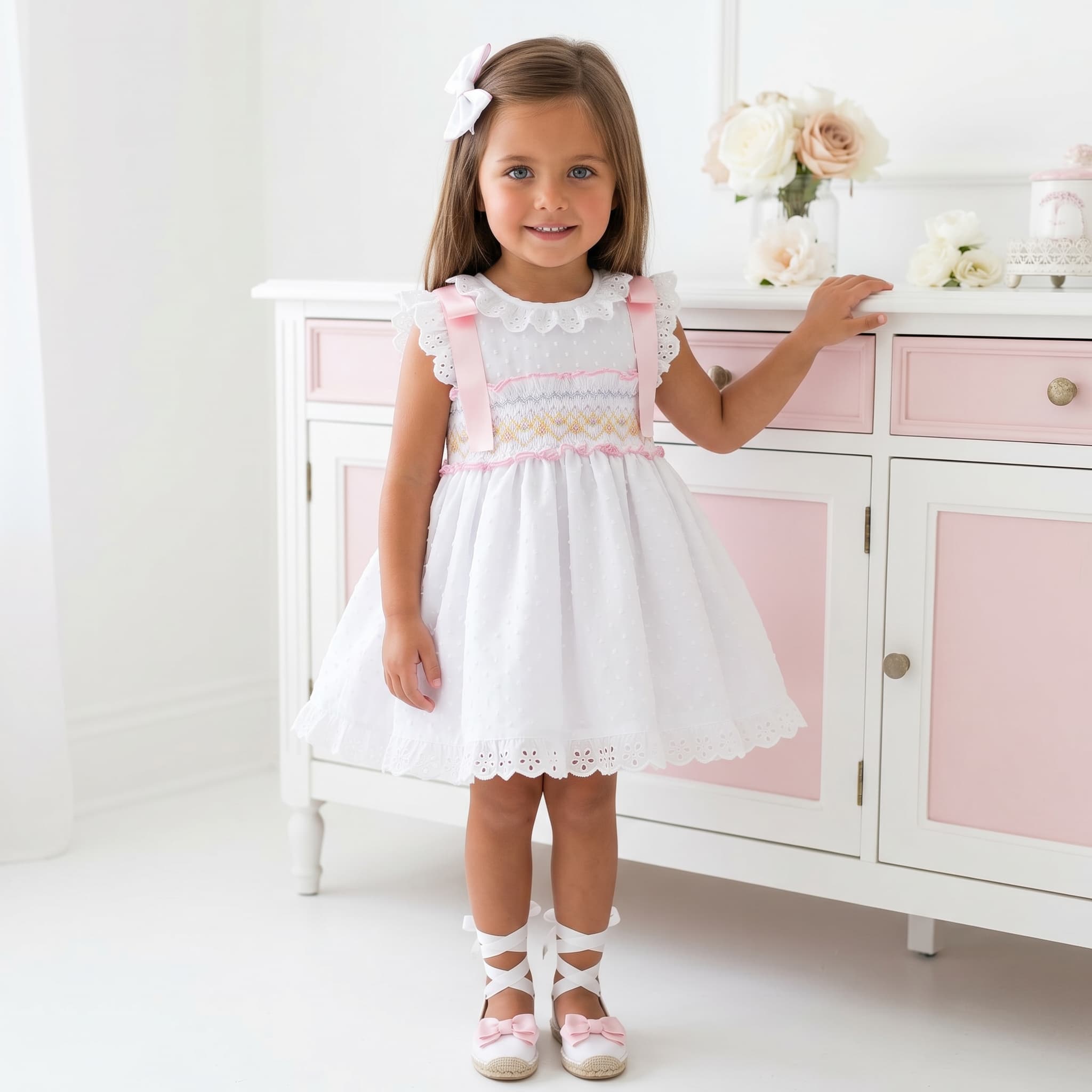 Sonata girls smocked white & pink dress for Summer 2026.