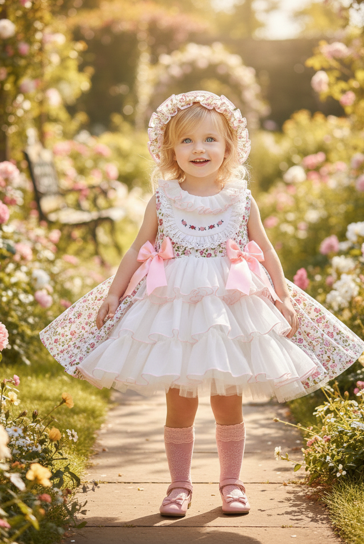 Sonata SS26 Made to Order - Girls Cream and Pink Floral Print Puffball Dress
