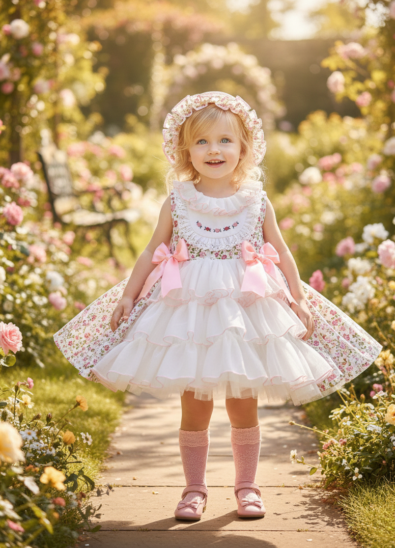 Sonata SS26 Made to Order - Girls Cream and Pink Floral Print Puffball Dress