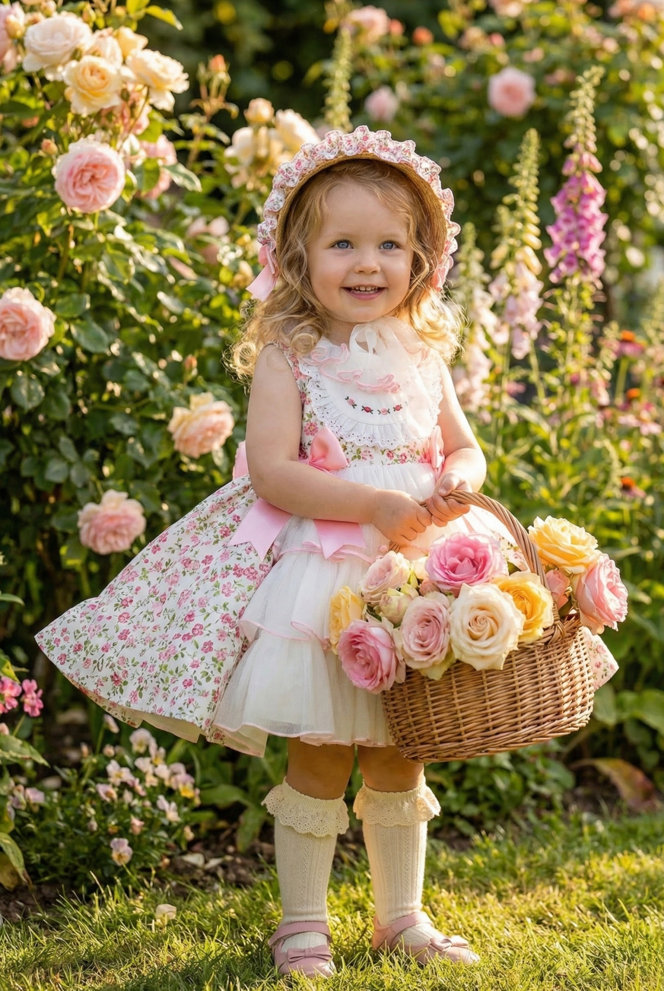 Sonata SS26 Made to Order - Girls Cream and Pink Floral Print Puffball Dress