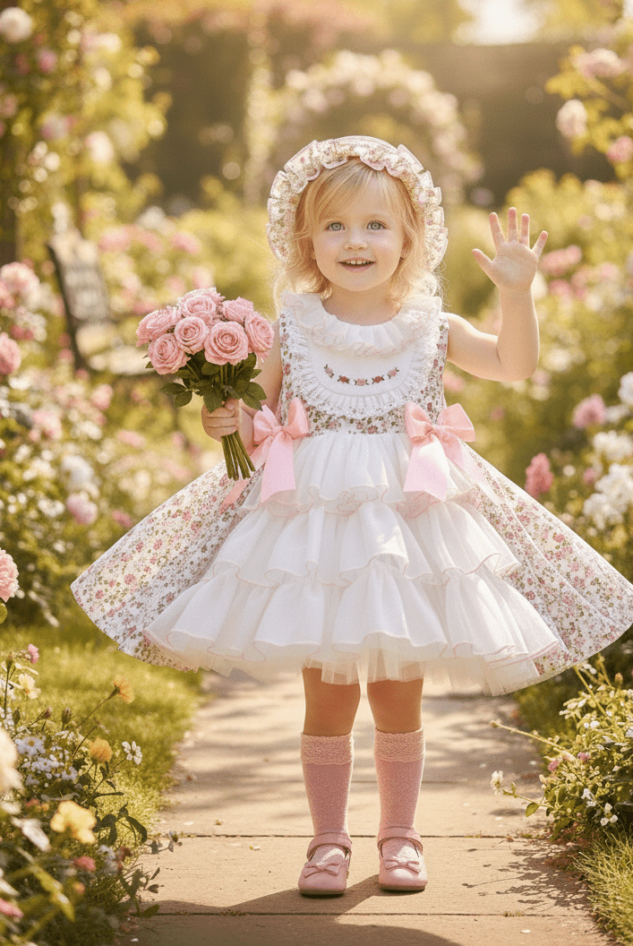 Sonata SS26 Made to Order - Girls Cream and Pink Floral Print Puffball Dress