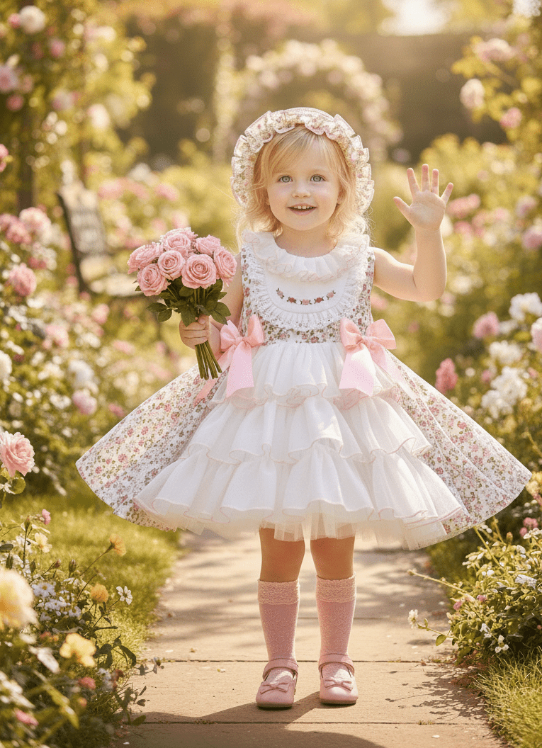 Sonata SS26 Made to Order - Girls Cream and Pink Floral Print Puffball Dress