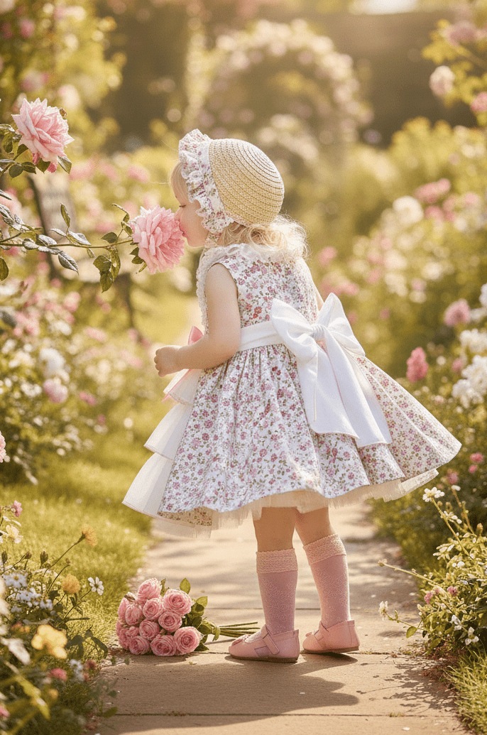 Sonata SS26 Made to Order - Girls Cream and Pink Floral Print Puffball Dress