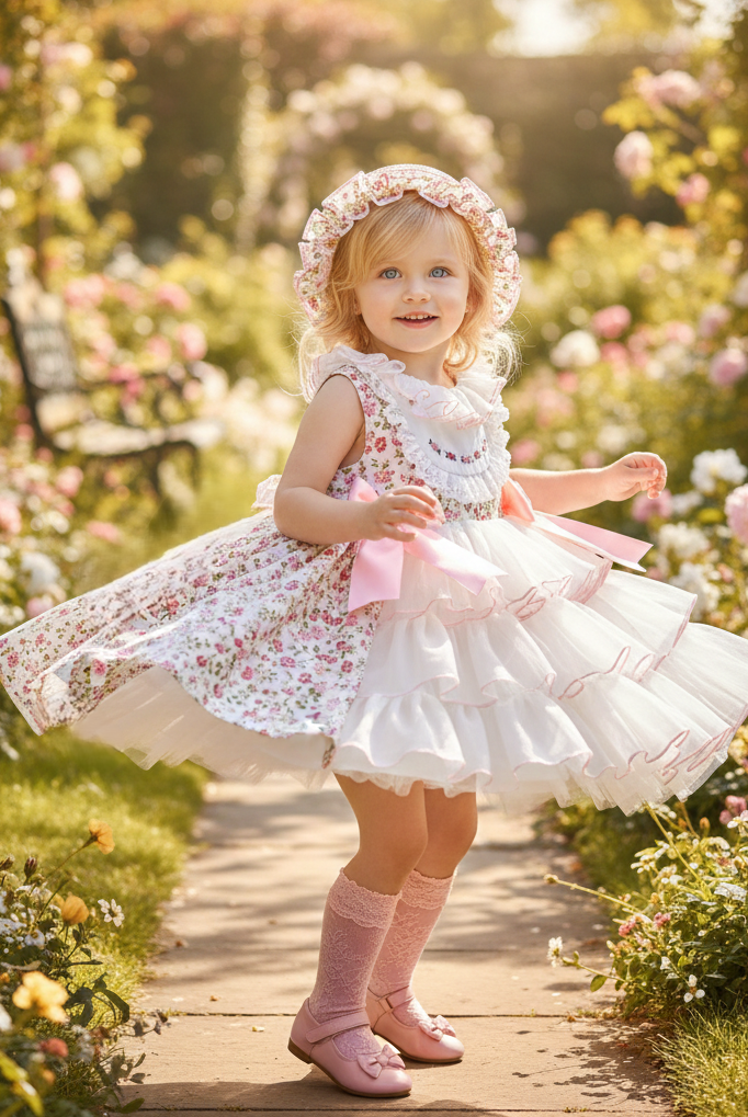 Sonata SS26 Made to Order - Girls Cream and Pink Floral Print Puffball Dress