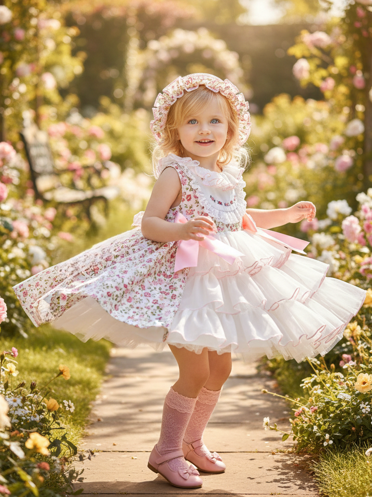 Sonata SS26 Made to Order - Girls Cream and Pink Floral Print Puffball Dress