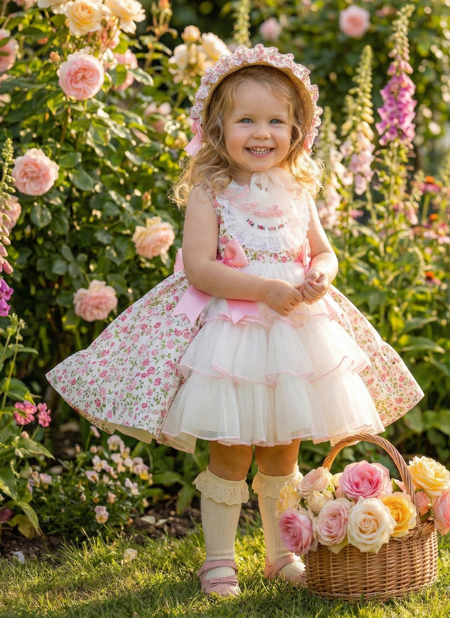 Sonata SS26 Made to Order - Girls Cream and Pink Floral Print Puffball Dress