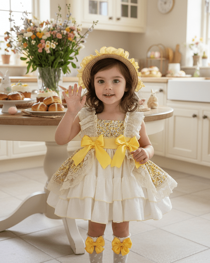 Sonata SS26 Made to Order - Girls Cream and Yellow Floral Print Puffball Dress