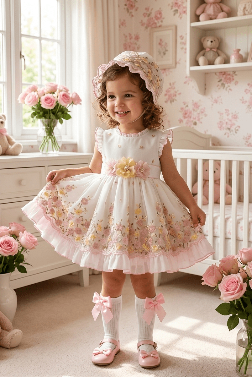 Sonata SS26 Made to Order - Girls White, Pink and Yellow Puffball Dress