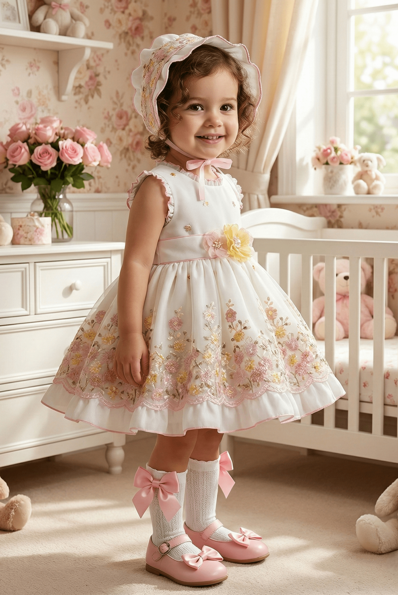 Sonata SS26 Made to Order - Girls White, Pink and Yellow Puffball Dress