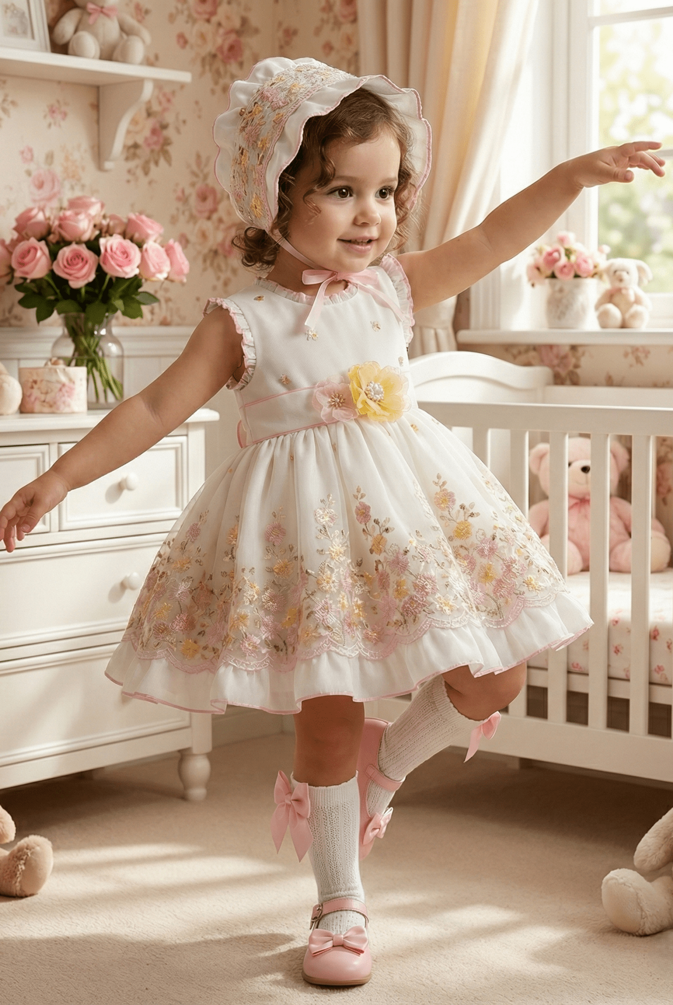 Sonata SS26 Made to Order - Girls White, Pink and Yellow Puffball Dress