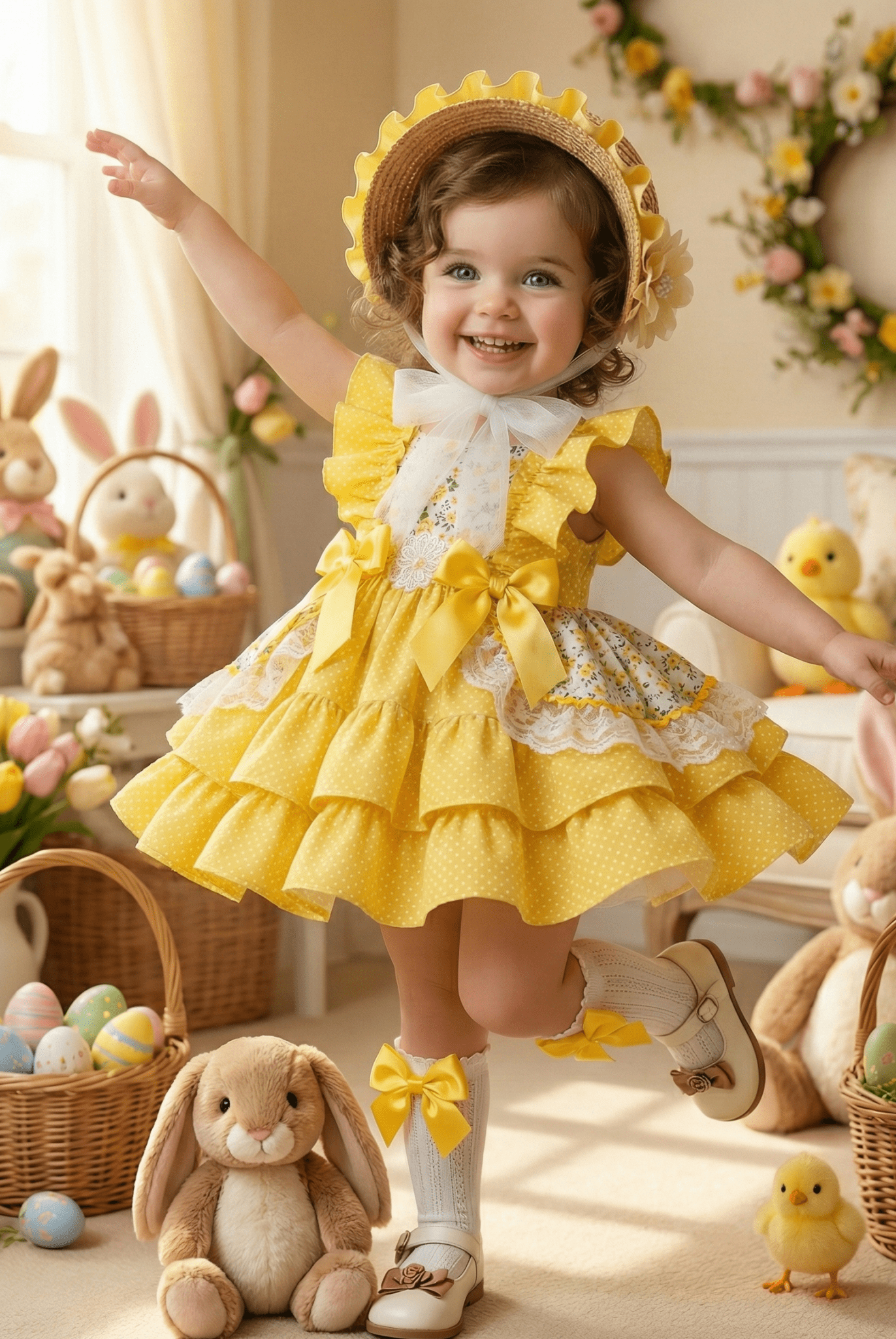 Sonata SS26 Made to Order - Girls Yellow Ruffle Front Floral Puffball Dress