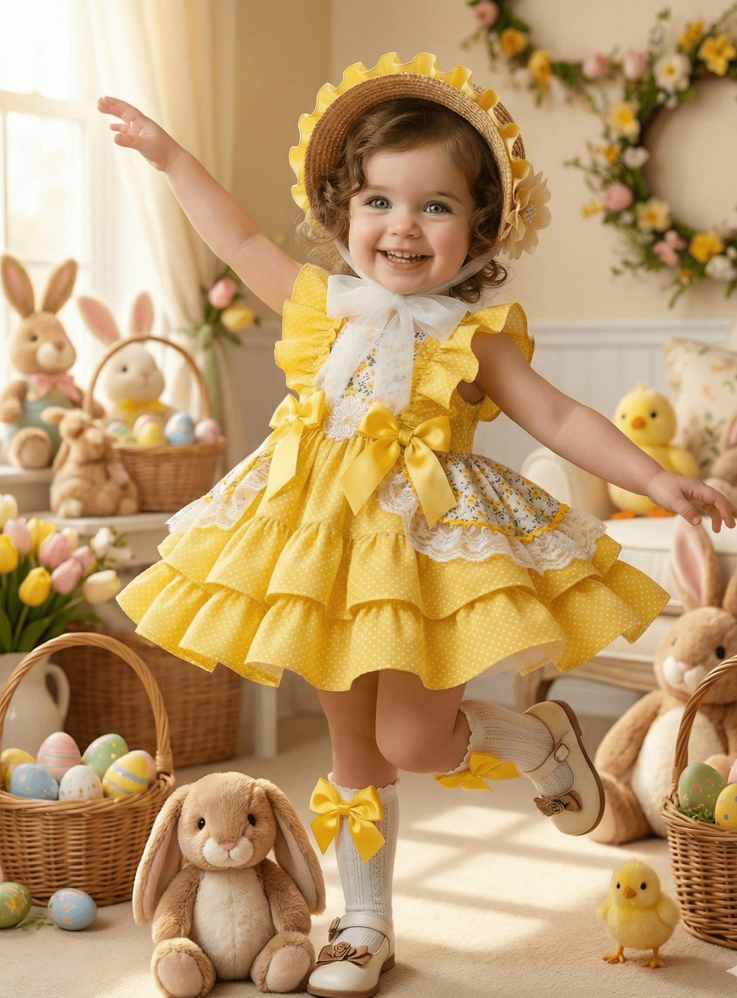 Sonata SS26 Made to Order - Girls Yellow Ruffle Front Floral Puffball Dress