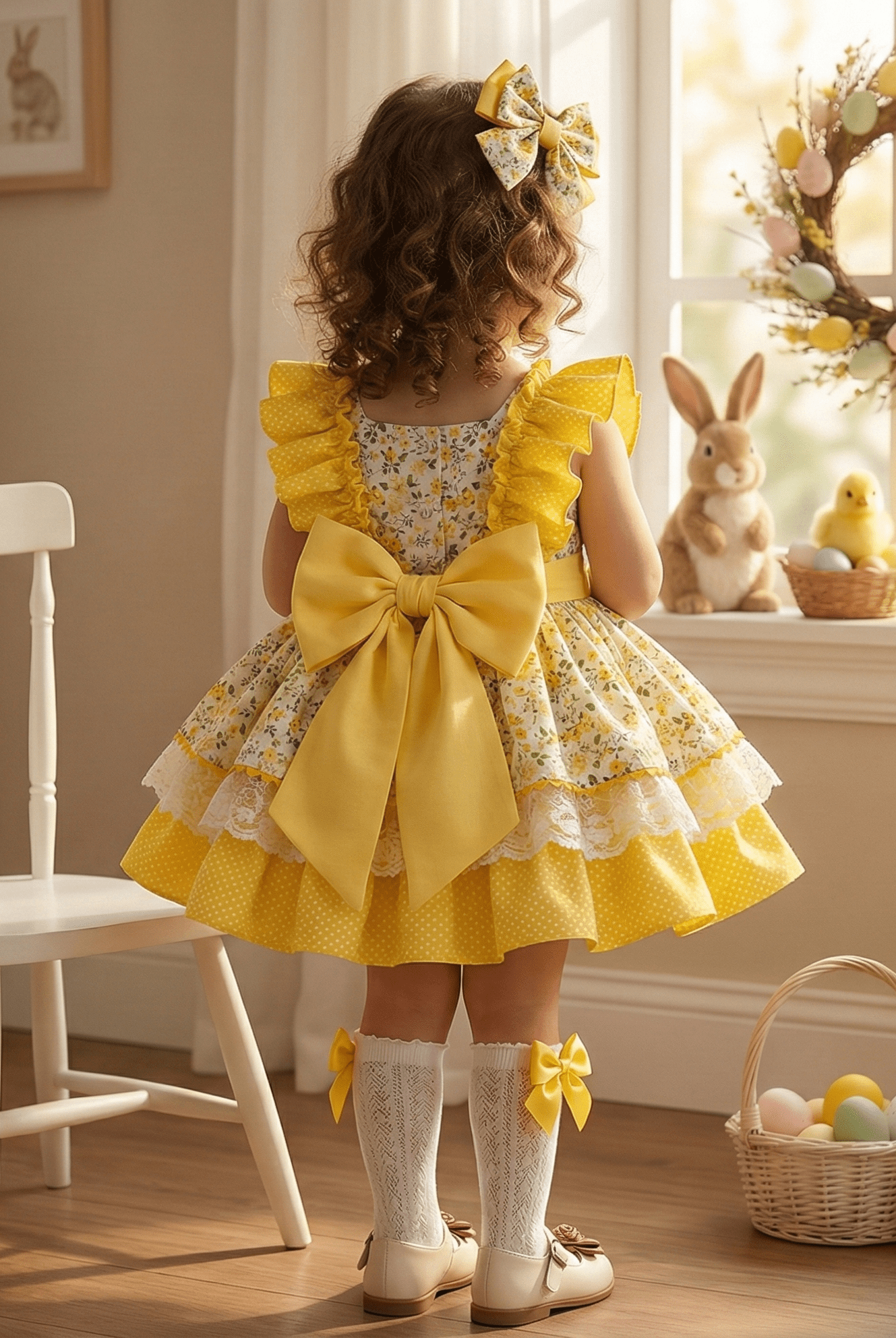 Sonata SS26 Made to Order - Girls Yellow Ruffle Front Floral Puffball Dress