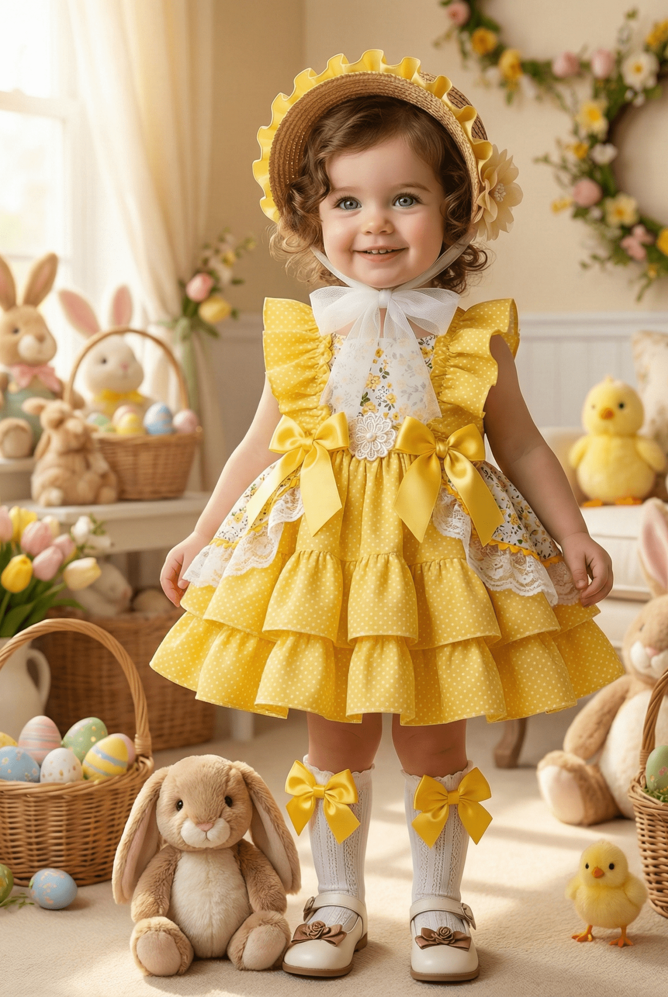 Sonata SS26 Made to Order - Girls Yellow Ruffle Front Floral Puffball Dress