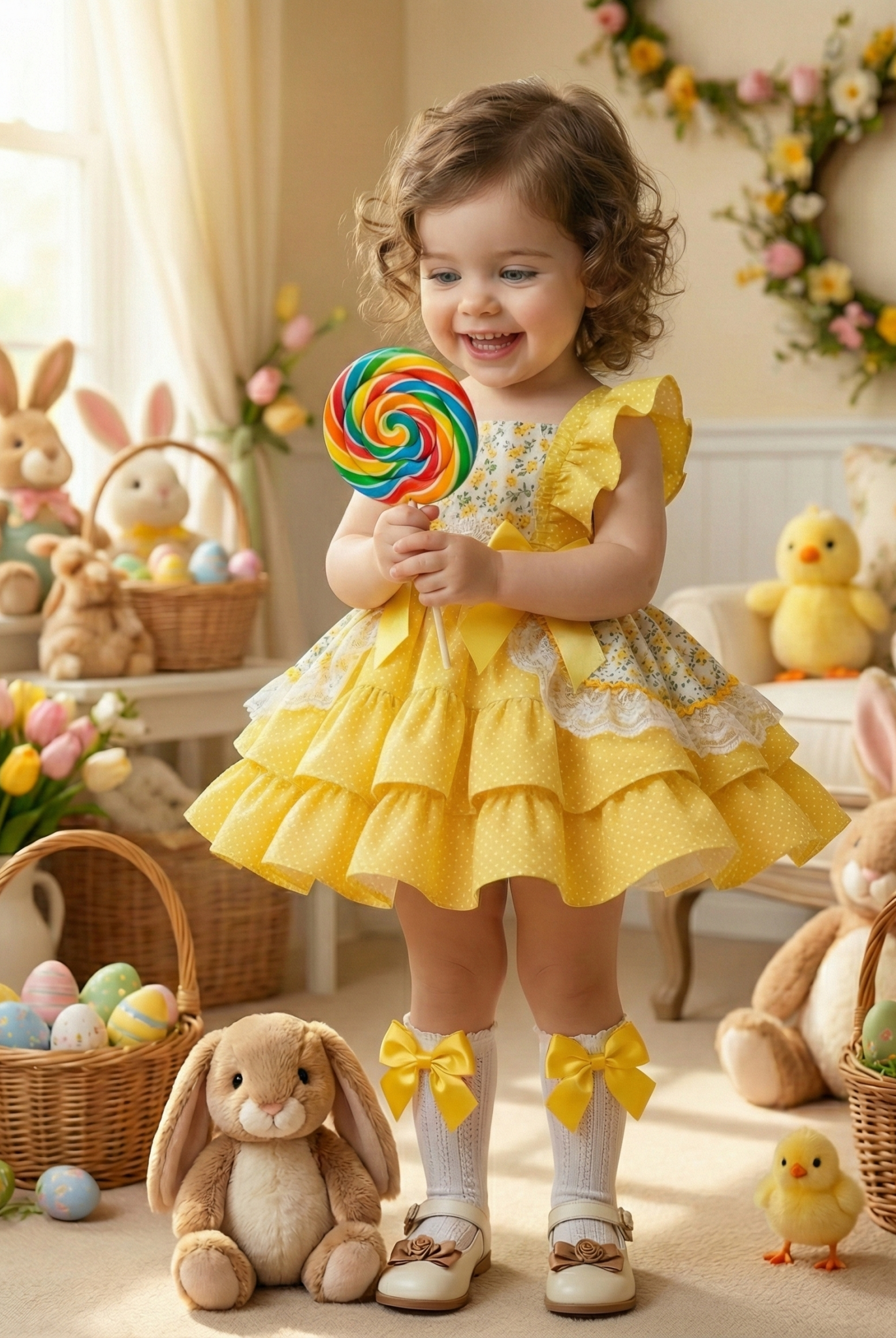 Sonata SS26 Made to Order - Girls Yellow Ruffle Front Floral Puffball Dress