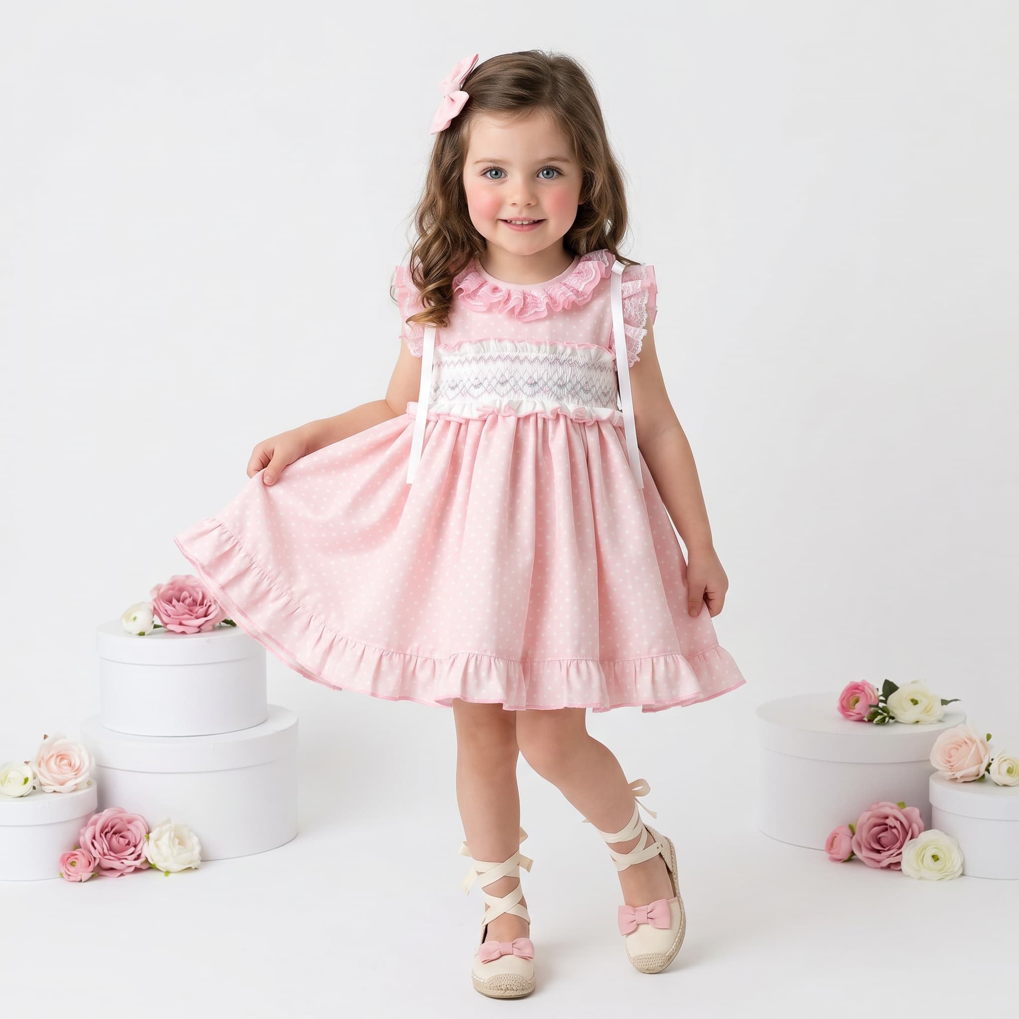 Sonata SS26 girls pink and multicolour pastel smocked dress. Made to order in Spain.