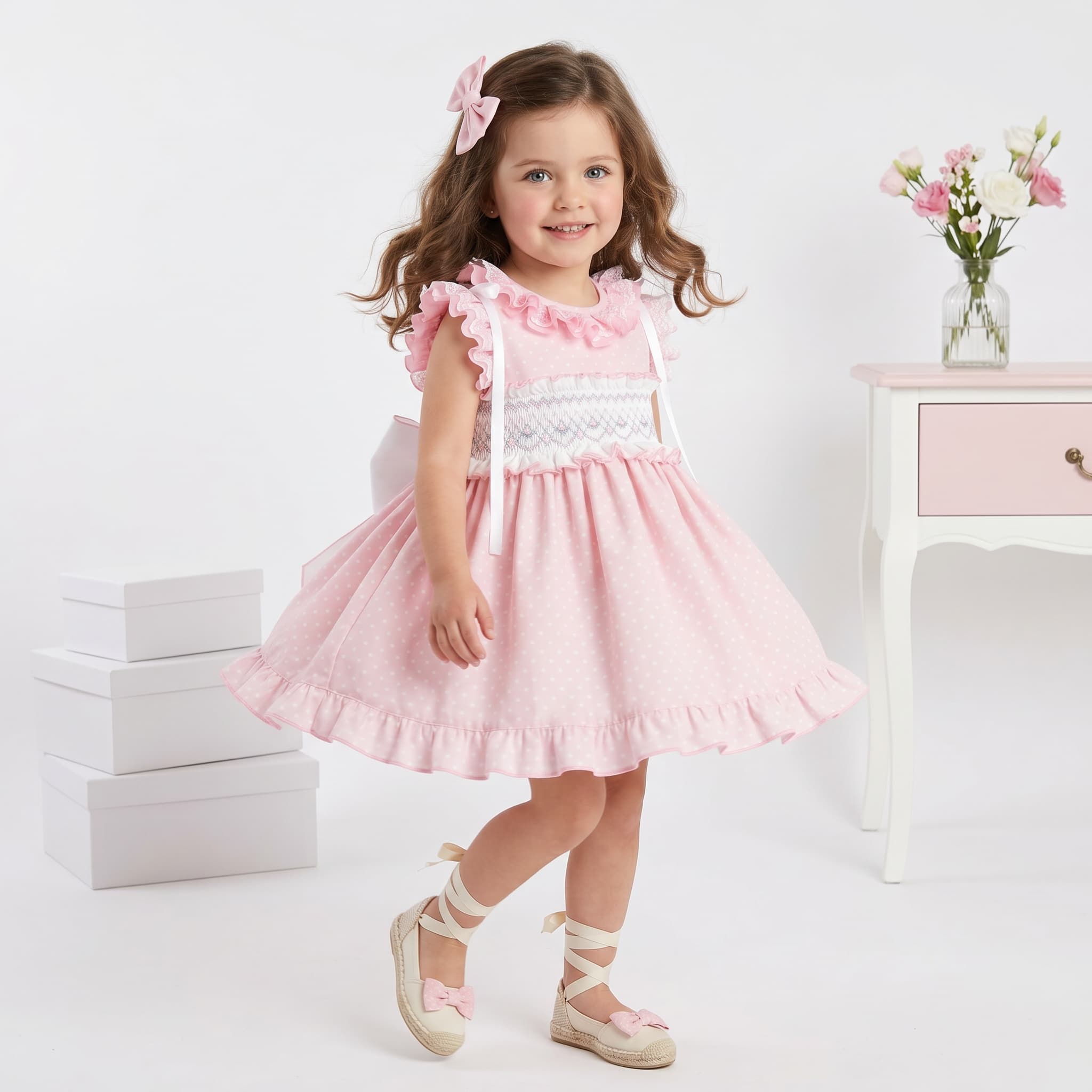 Sonata SS26 Girls pink smocked puffball dress.