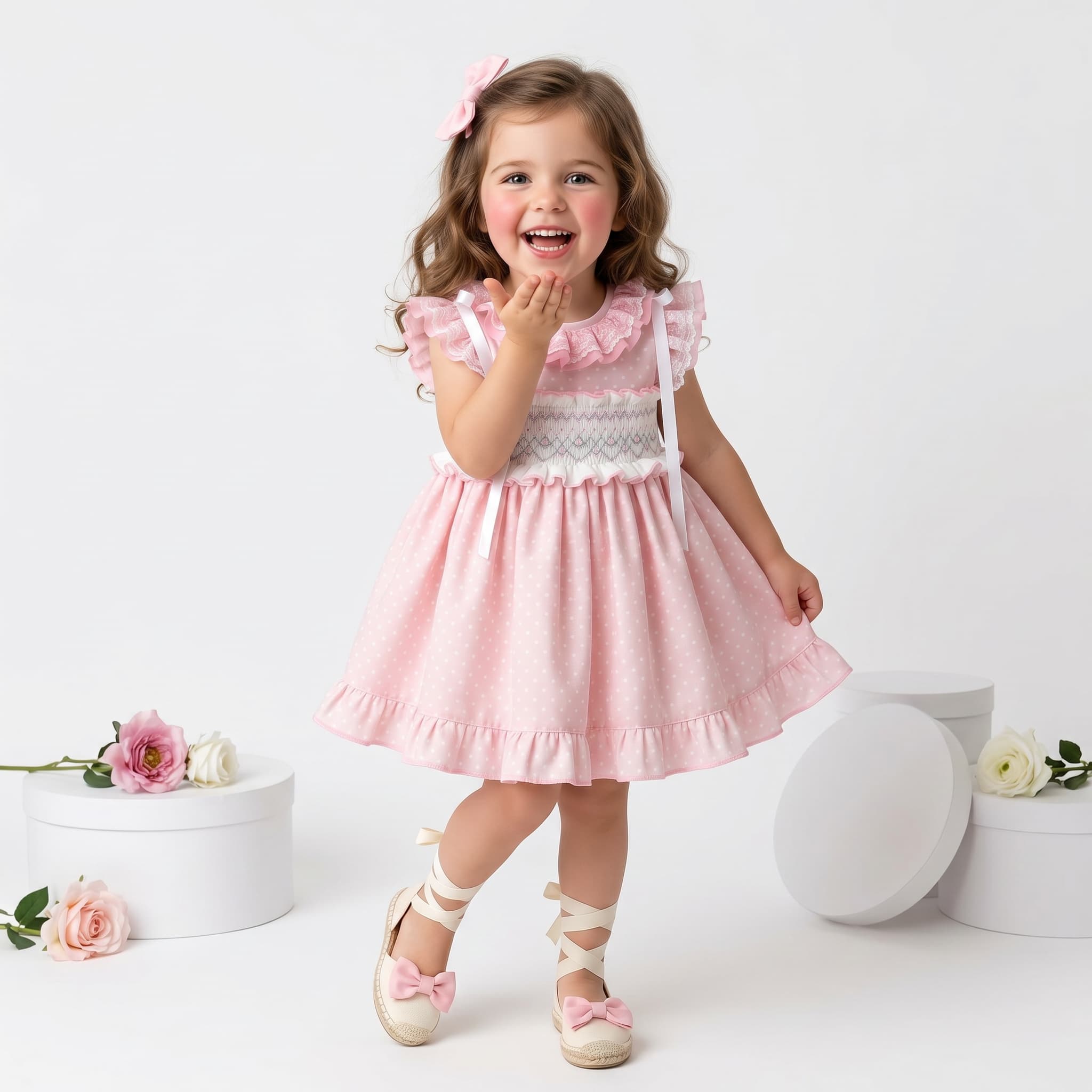 Young girl in a Sonata smocked pink dress with white flowers on a light background