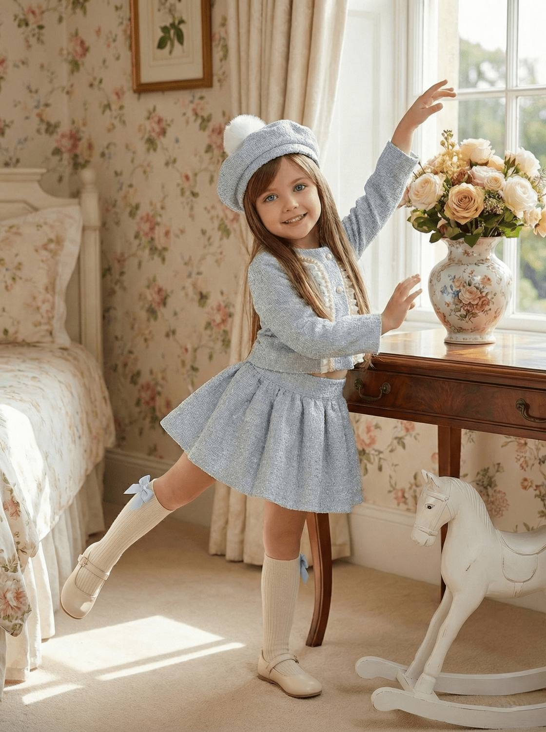 Girls luxury blue Chanel-inspired skirt and jacket set by Sonata with matching hat, SS26 made-to-order occasion wear.