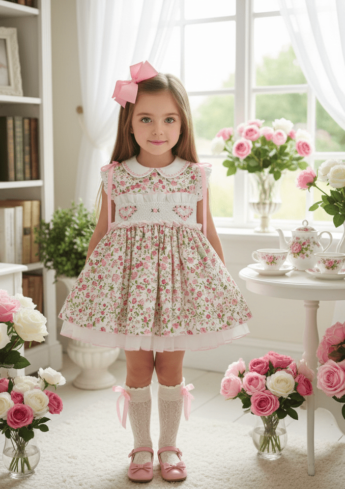 Shop the Sonata girls heart smocked floral dress from the SS26 collection. Traditional puffball style perfect for Easter and occasions.