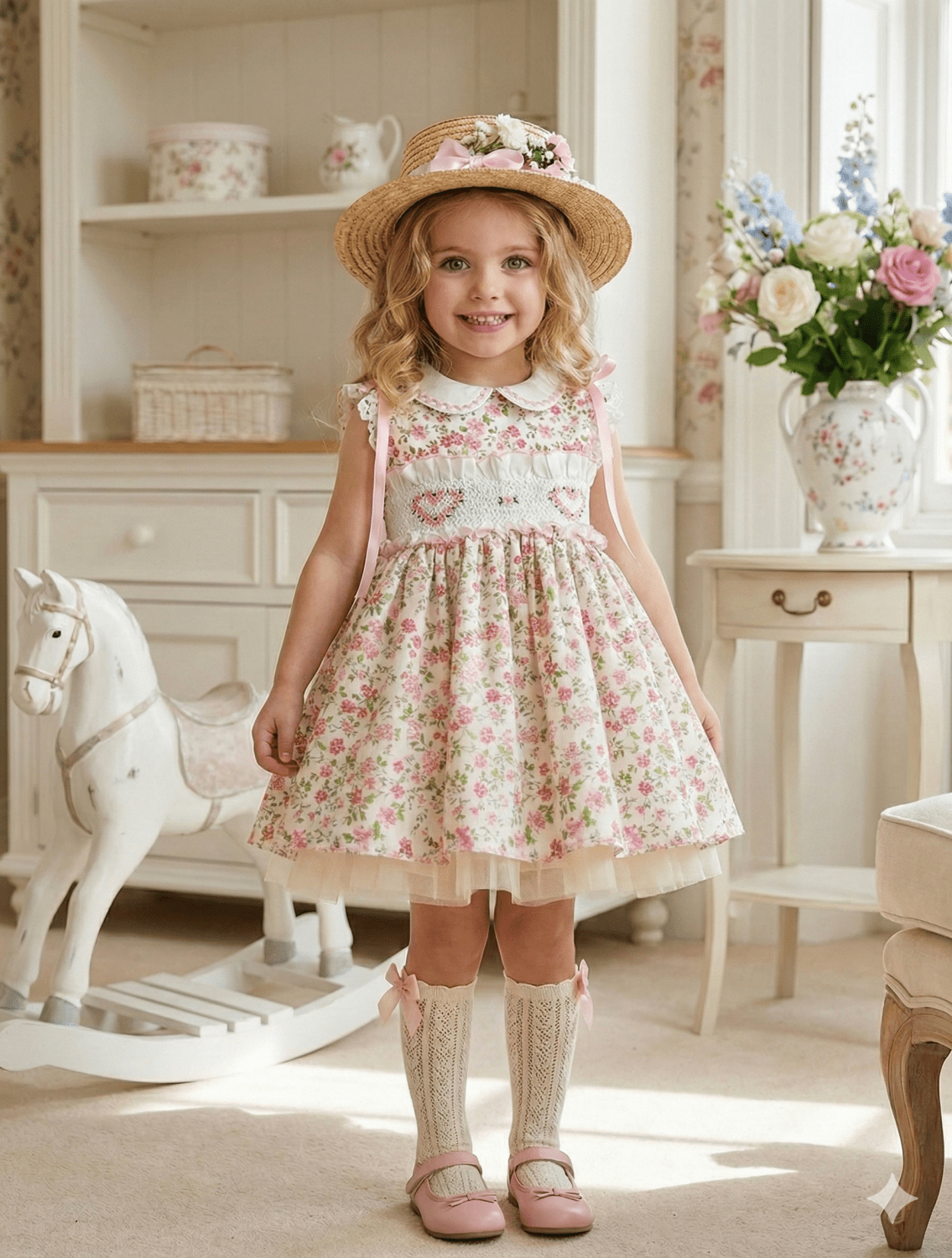 Shop the Sonata girls heart smocked floral dress from the SS26 collection. Traditional puffball style perfect for Easter and occasions.