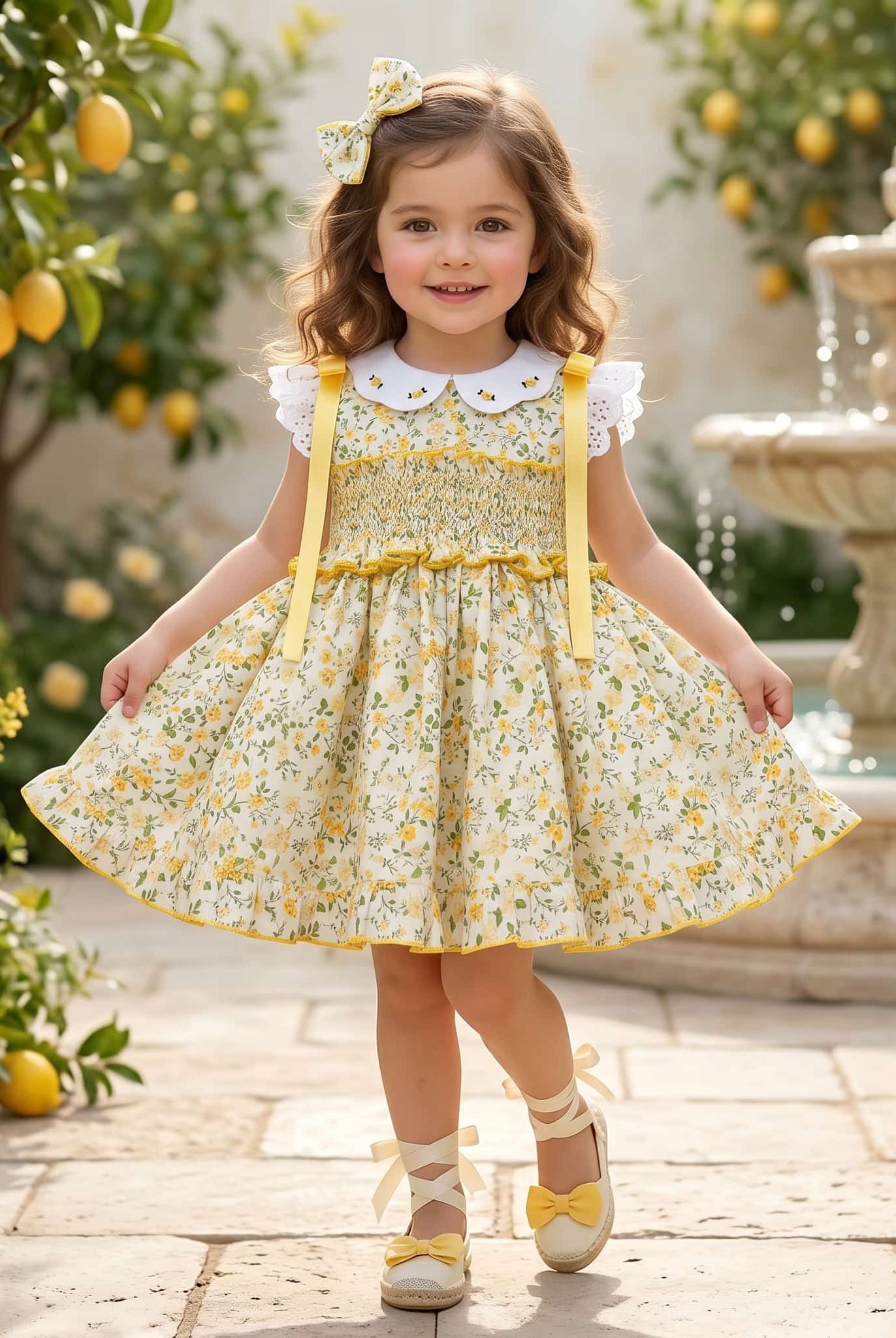 Yellow floral smocked dress with matching bow by Sonata for SS26