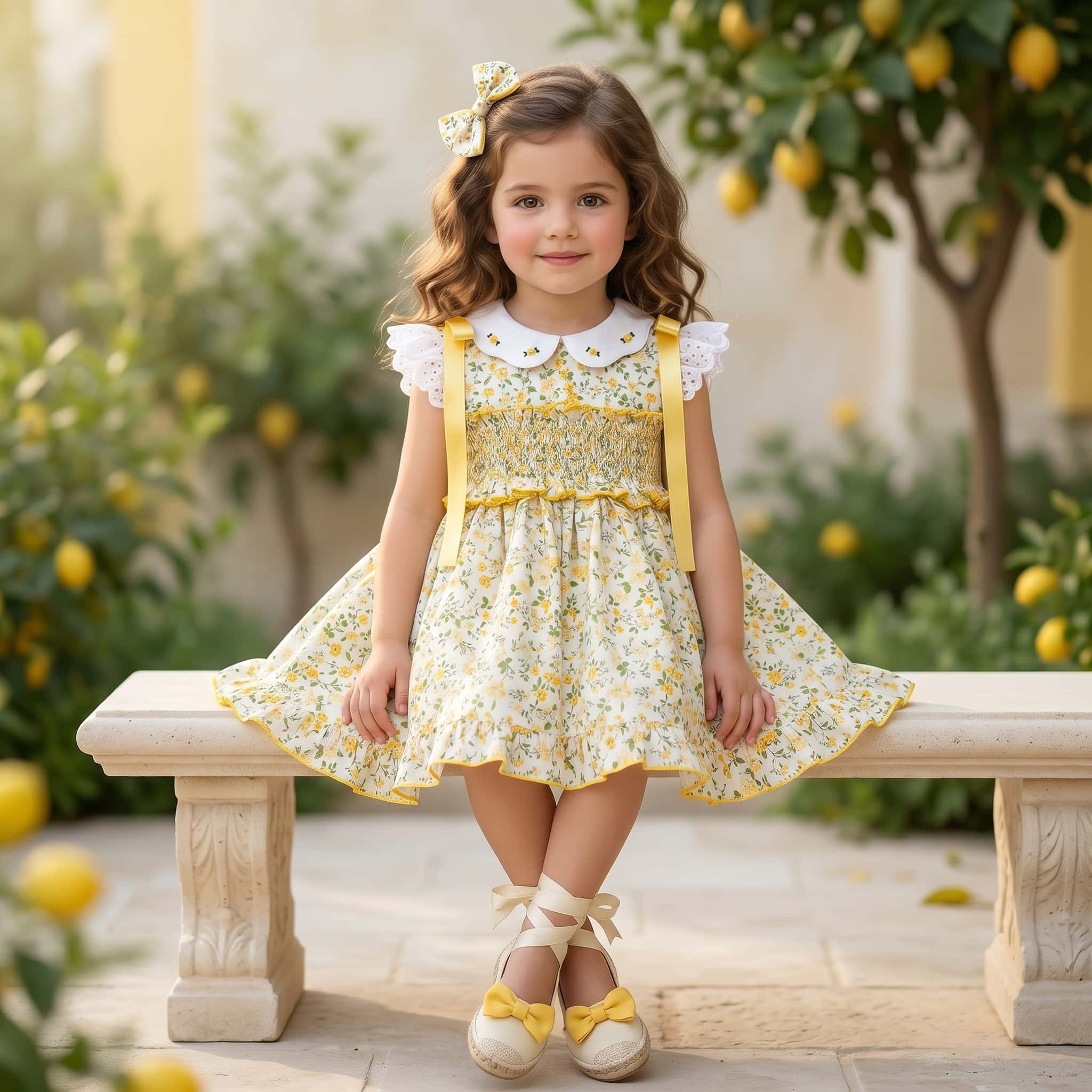 Sonata smocked girls dress in yellow floral print for SS26