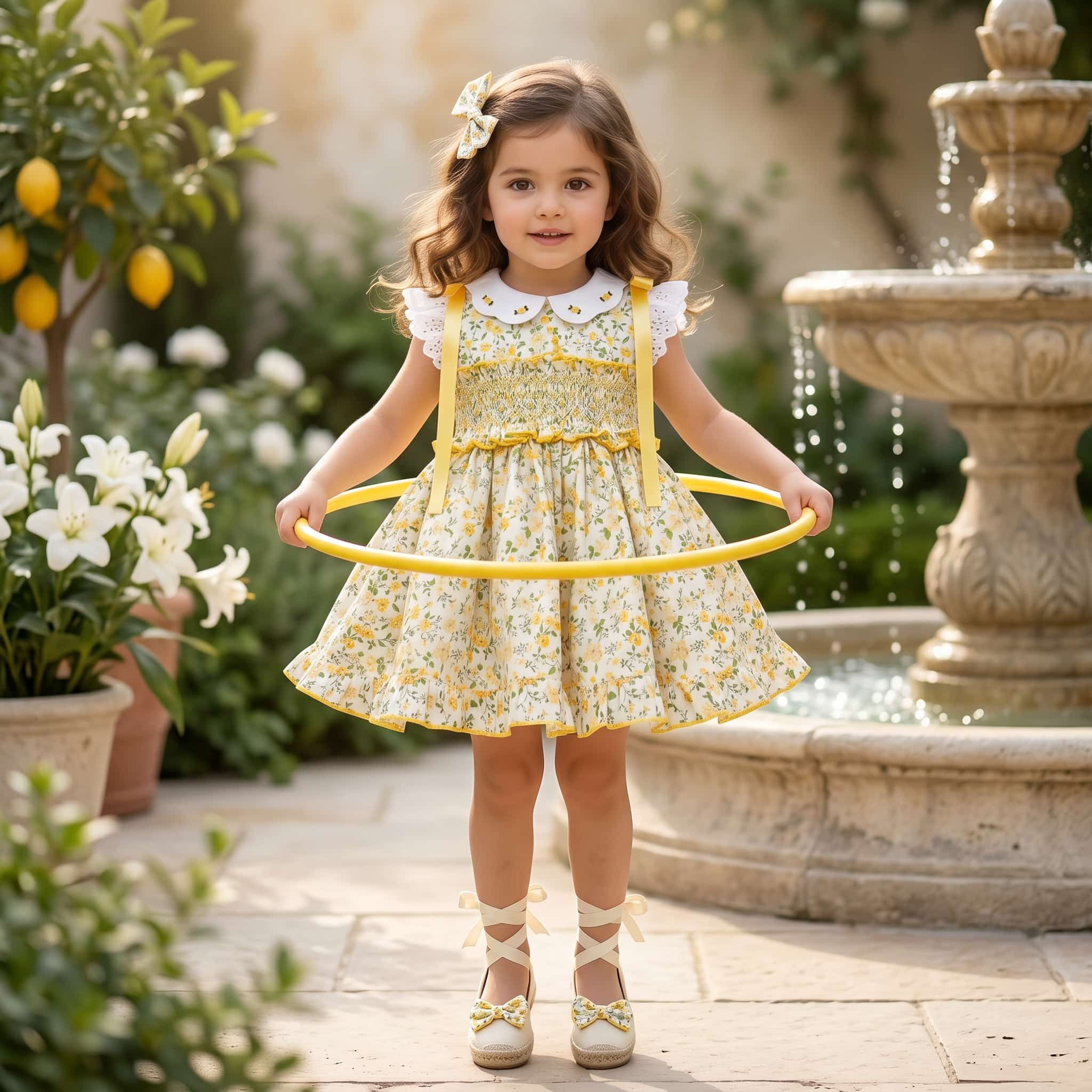Young Child wearing Yellow floral smocked dress with matching bow by Sonata for SS26