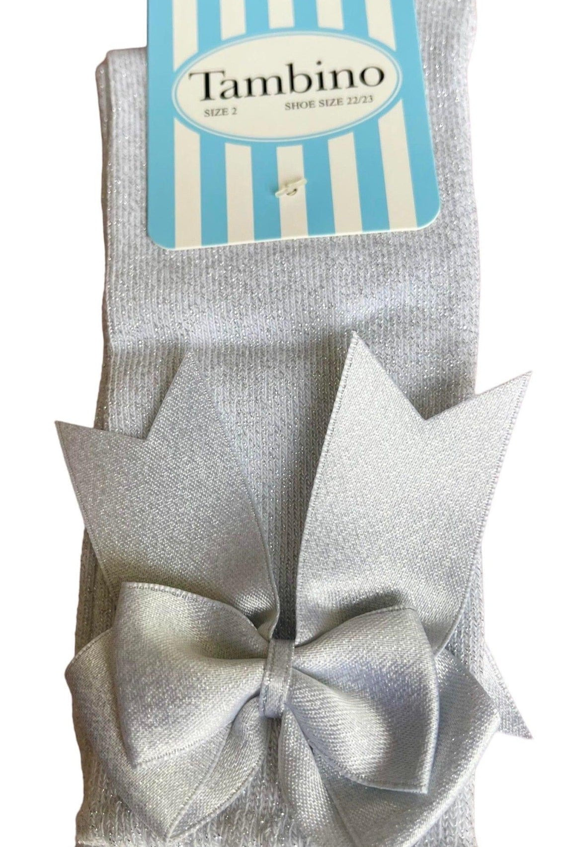 Tambino Socks - Girls Knee High Bow Socks SILVER - Mariposa Children's Boutique