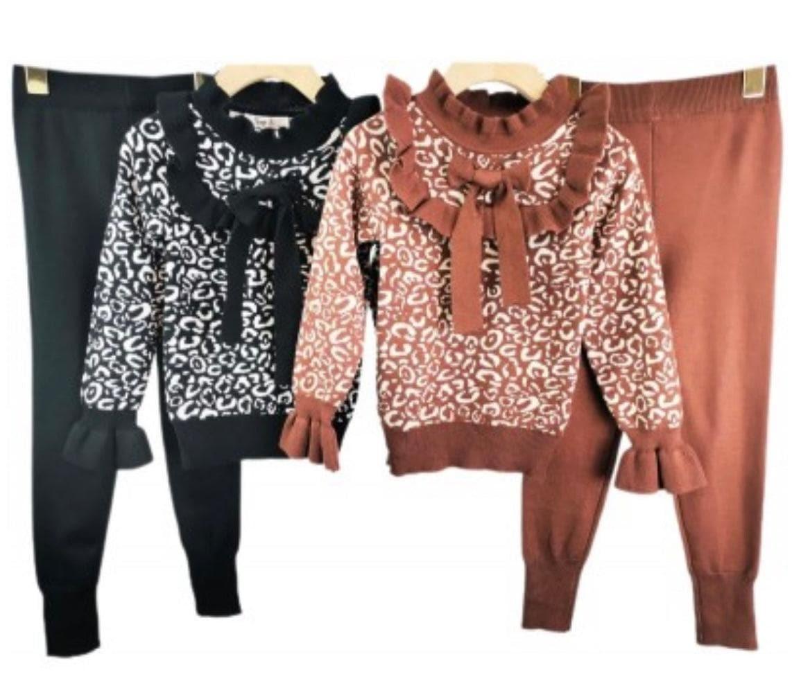 CLEARANCE DEAL - Loungewear - Girls Black Leopard Print Knitted Tracksuit - Mariposa Children's Boutique