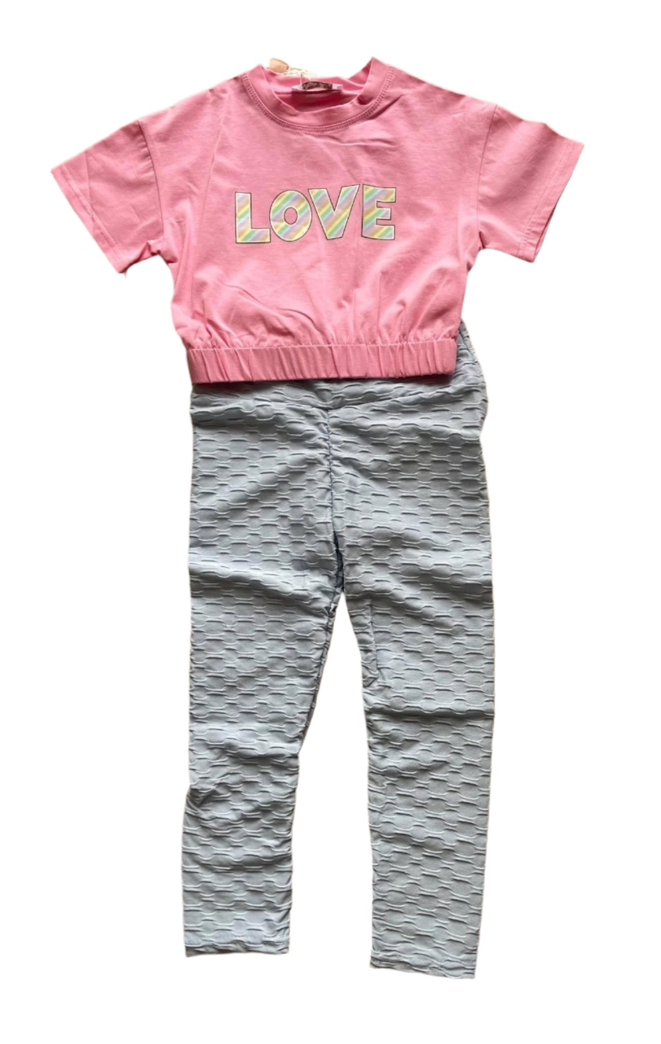 Loungewear - Girls Blue Honeycomb Leggings with Pink T-Shirt
