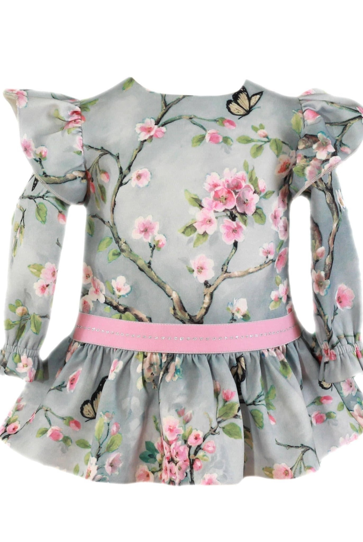 CLEARANCE DEAL - Miranda - Baby Girls Bluey Grey & Pink Floral Print Dress 153V - Mariposa Children's Boutique