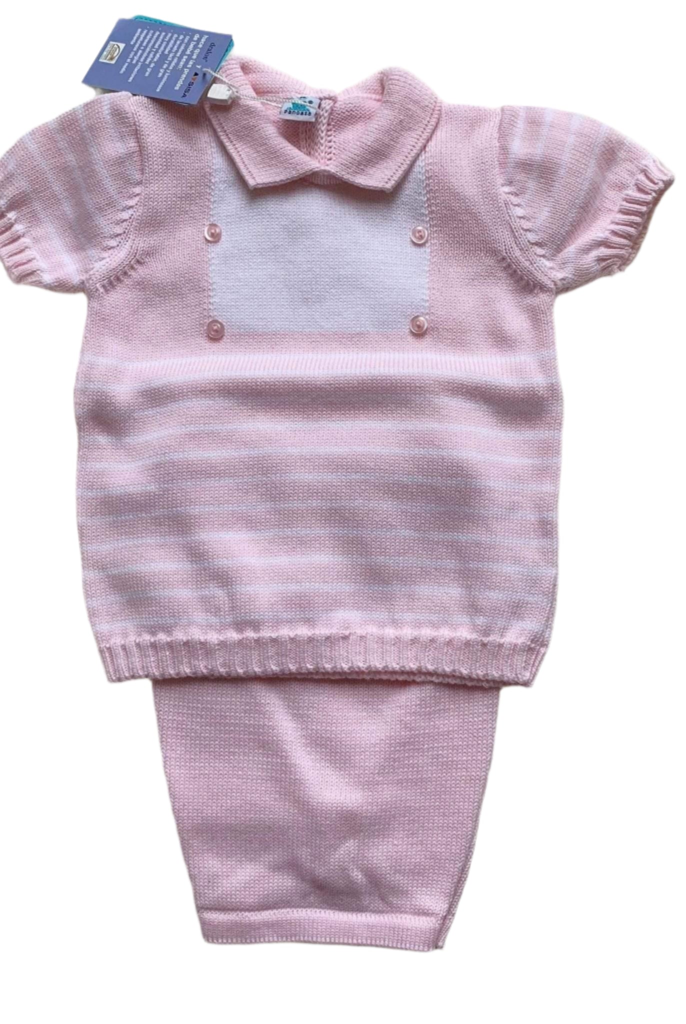 Pangasa - Baby Girls Pink & White Stripe 2pc Knitted Set 9m