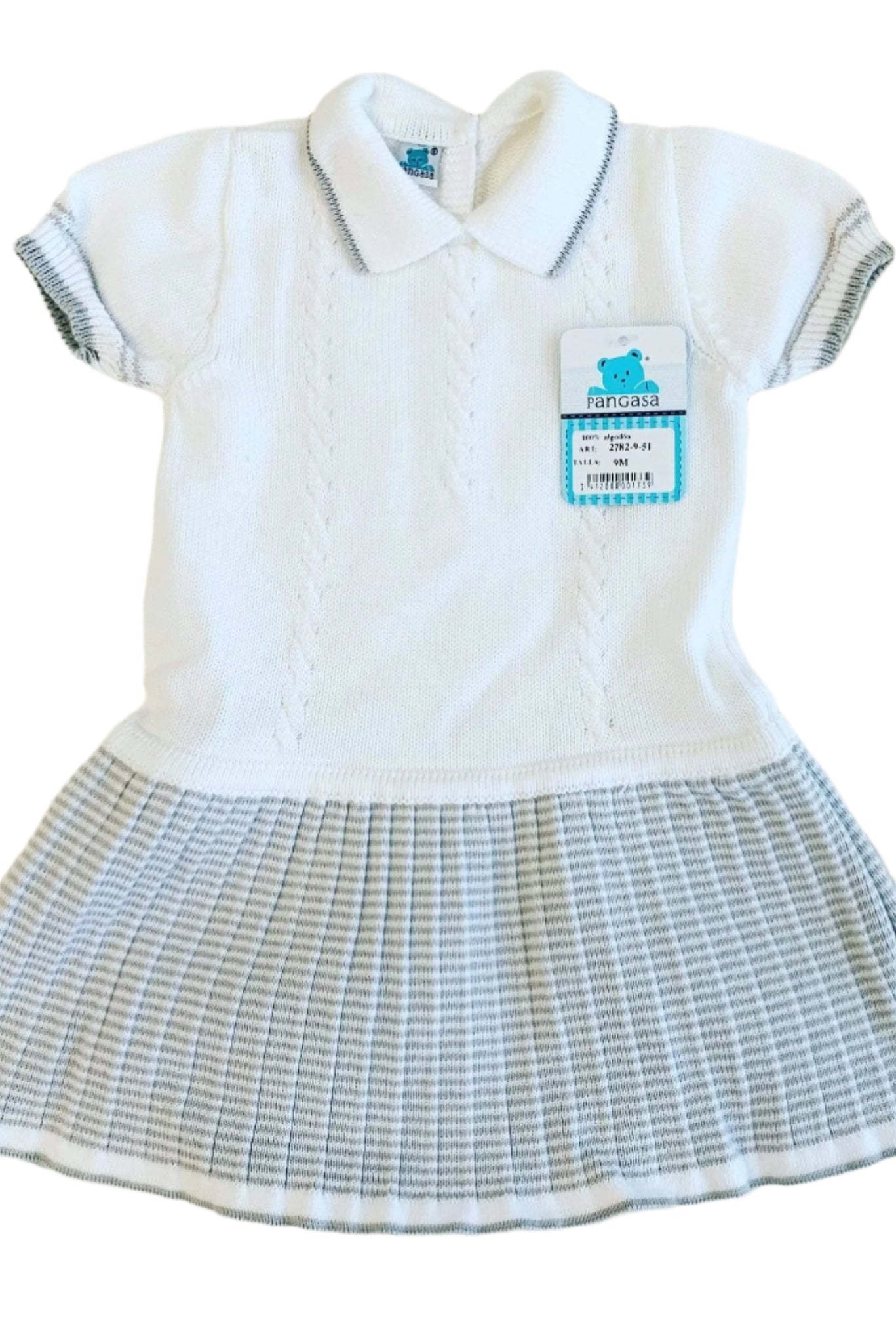 Pangasa - Baby Girls White & Grey Stripe Knitted Dress 9m