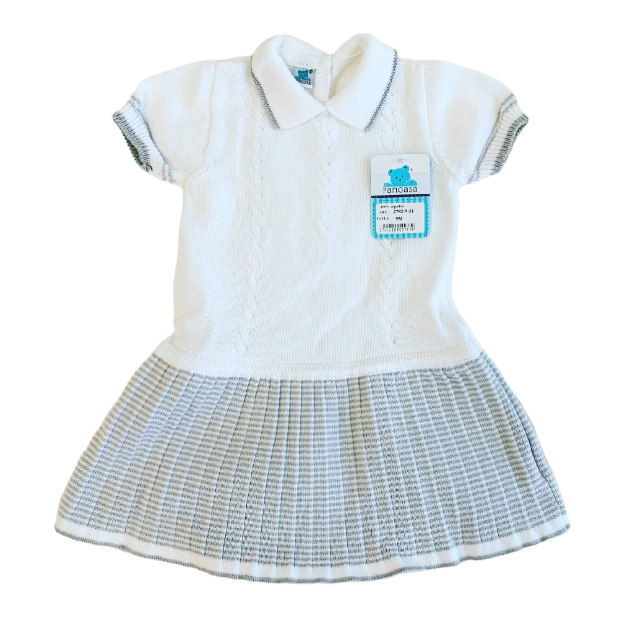 Pangasa - Baby Girls White & Grey Stripe Knitted Dress 9m