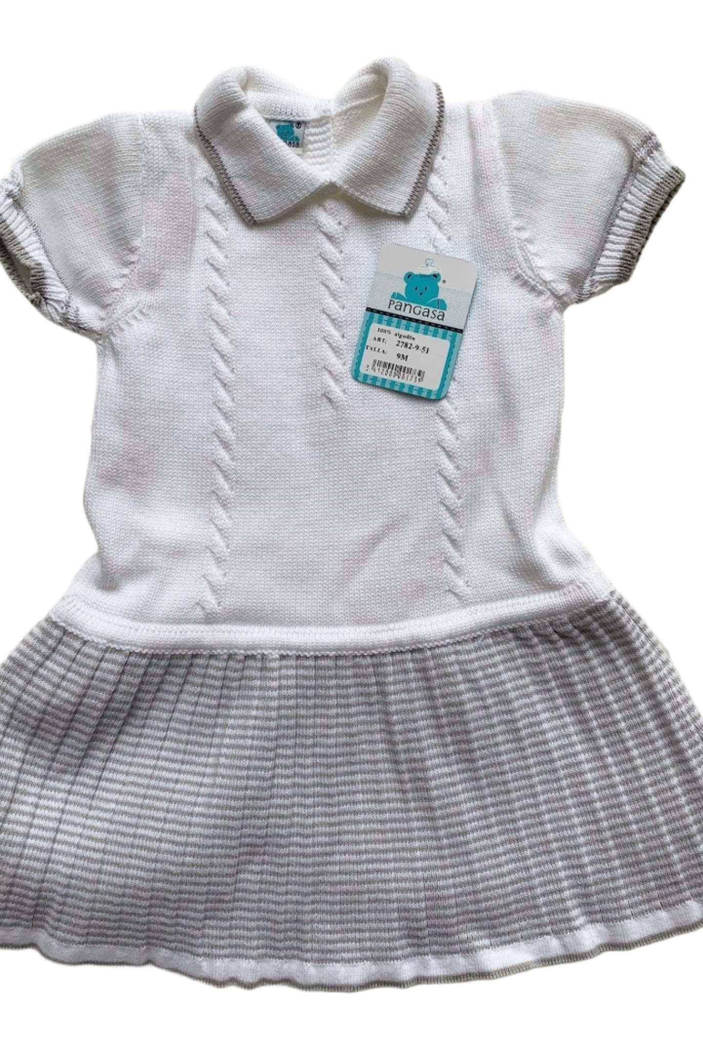 Pangasa - Baby Girls White & Grey Stripe Knitted Dress 9m